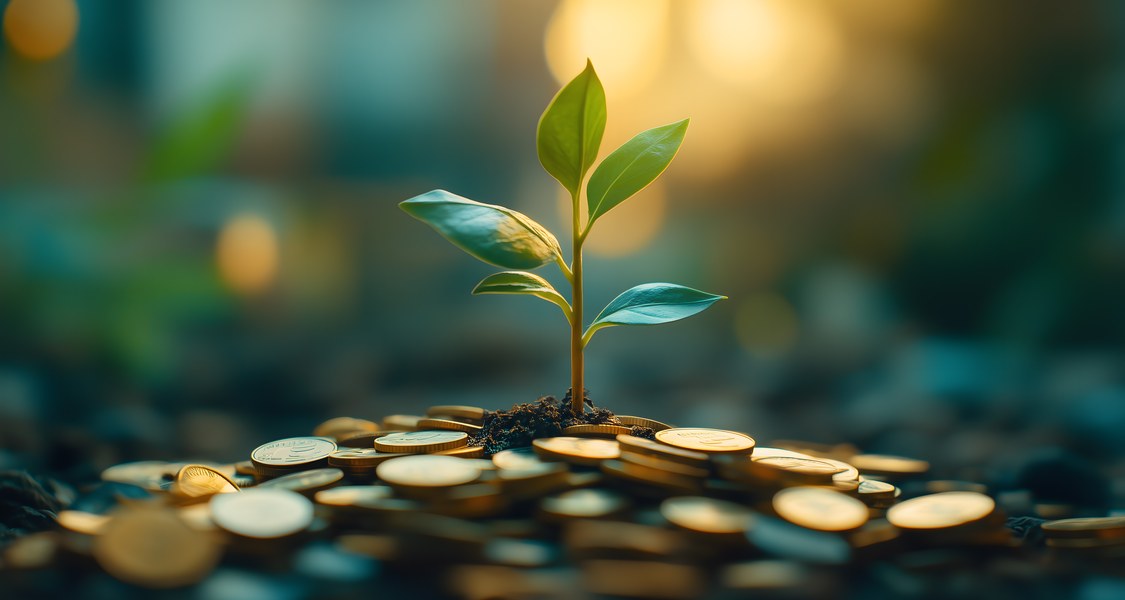 A tiny plant is growing out of a heap of coins.