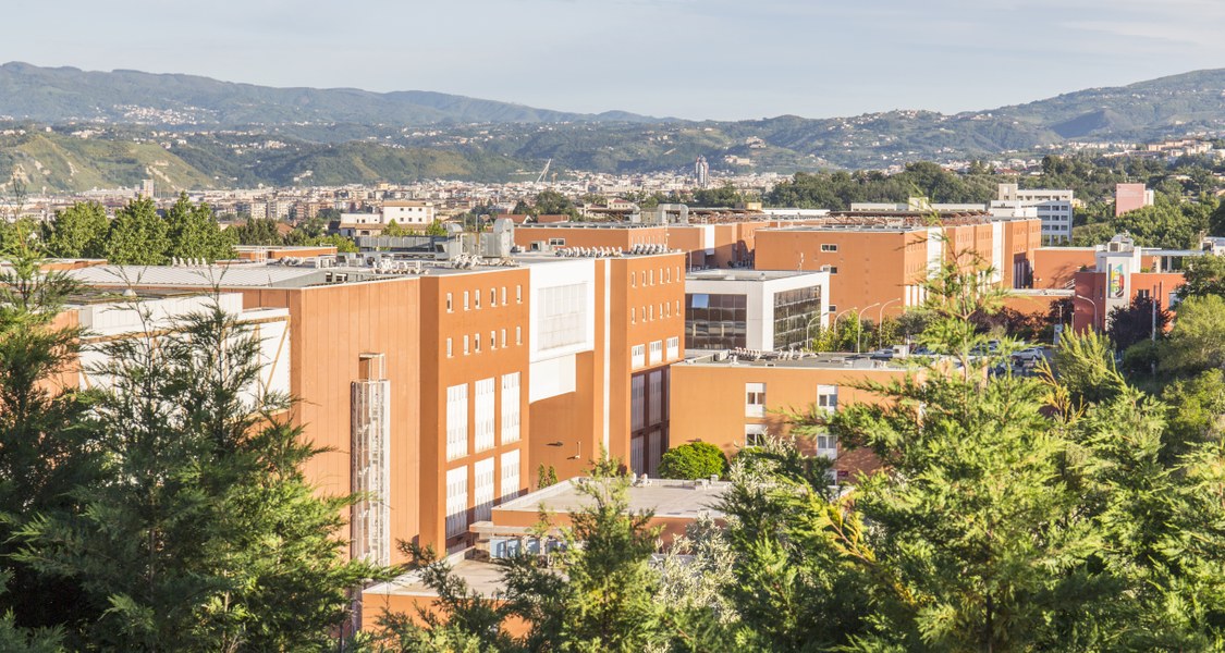 In the foreground, the striking architecture of the University of Calabria takes centre stage, with the rolling hills in the distance leading to the urban areas of Rende, including Arcavacata and Arcaverde, where many student residences are located.